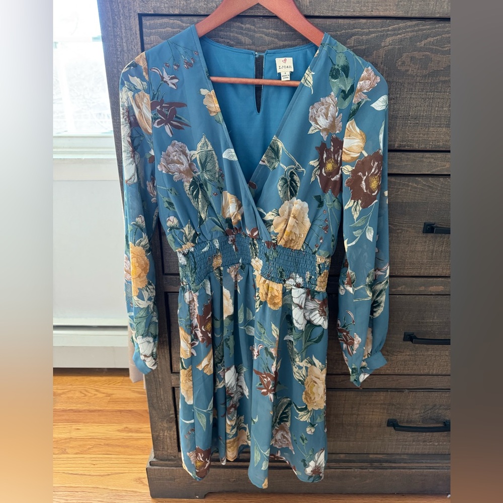 J.O.A. Teal Floral Long Sleeve Dress